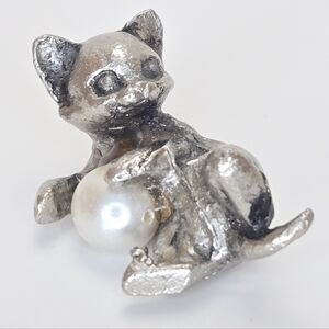 Miniature Pewter Cat Figurine Playing With Pearl 1.5" Tiny Vintage Animal